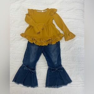Mustard Ruffle Top and Denim Flare Pants Set